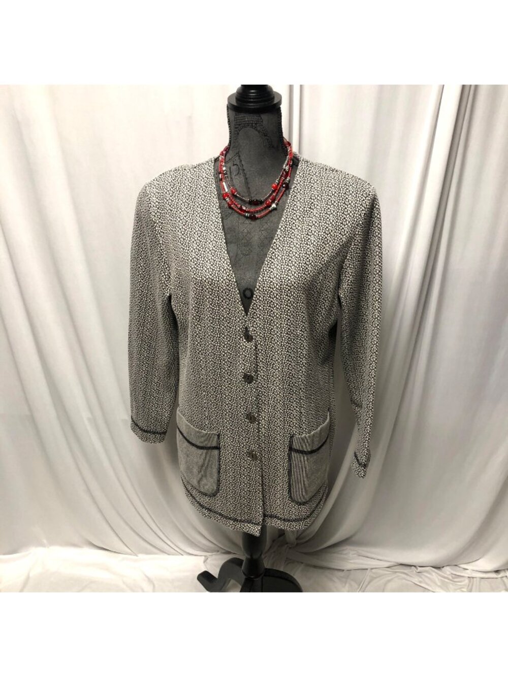 Camelia Cardigan Womens Size Large Black White Knit Button Up Jacket Vintage